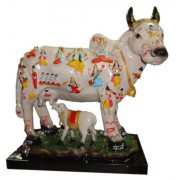 Kamdhenu Cow with Calf & Deities 